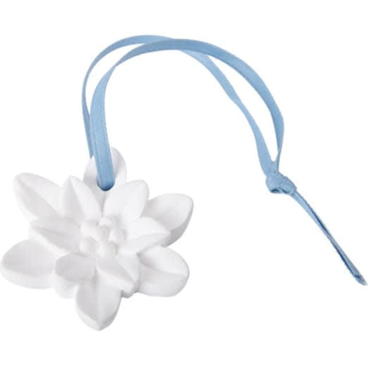 A white porcelain flower diffuser with a light blue ribbon for hanging. Ideal for home fragrance.