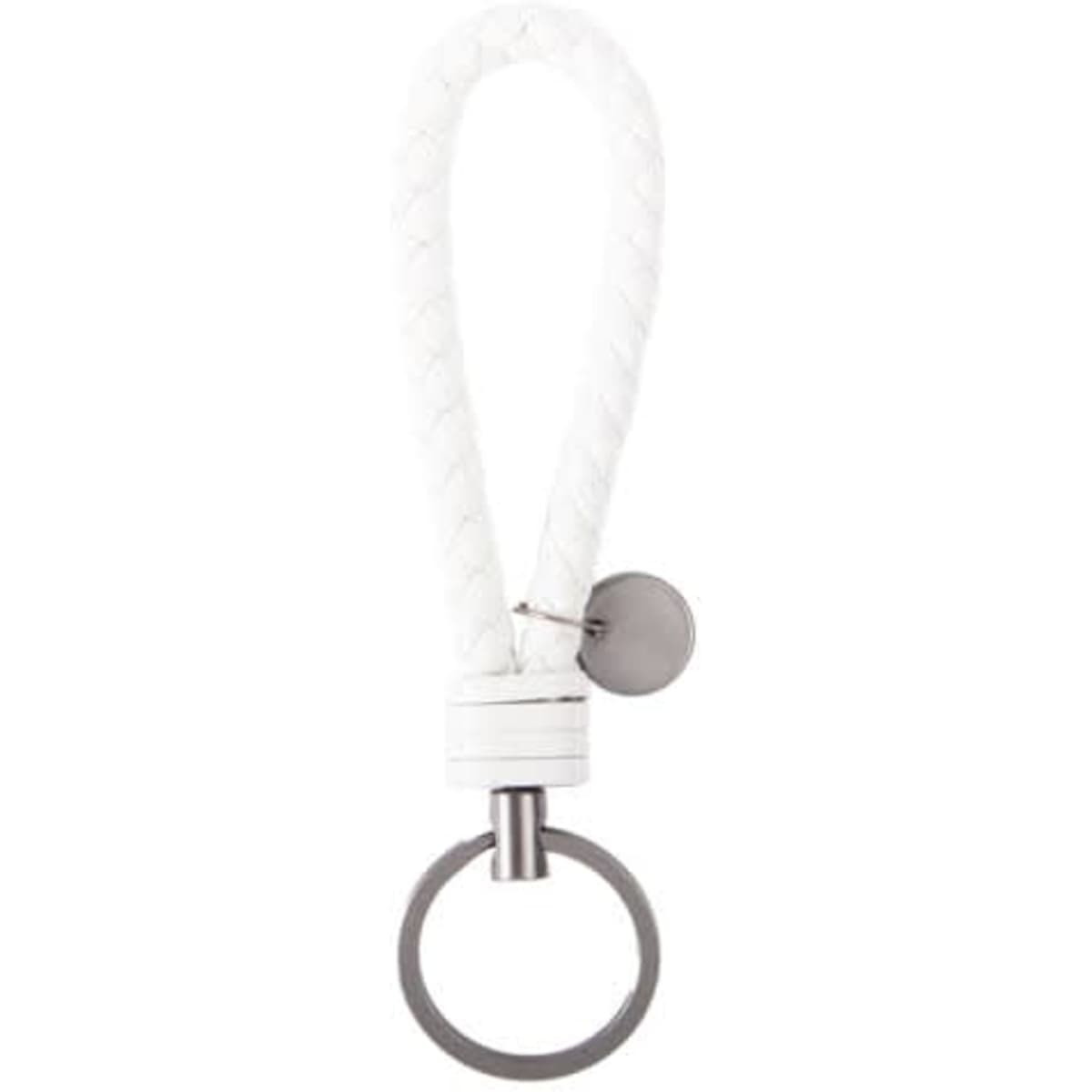 A white braided leather rope keychain with a metal ring and a small tag.
