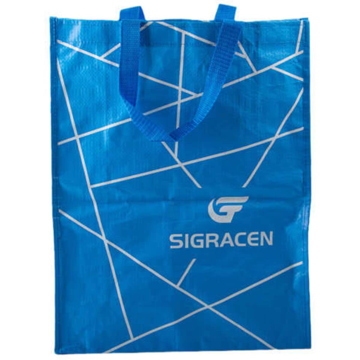 A blue reusable woven plastic waterproof tote bag with geometric patterns and handles, featuring a logo.