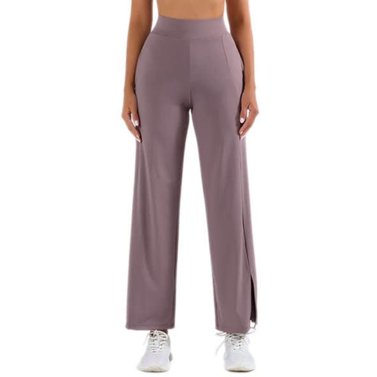 Flare wide leg yoga pants in a mauve shade, featuring slits on the sides, with a high waistband and pockets.