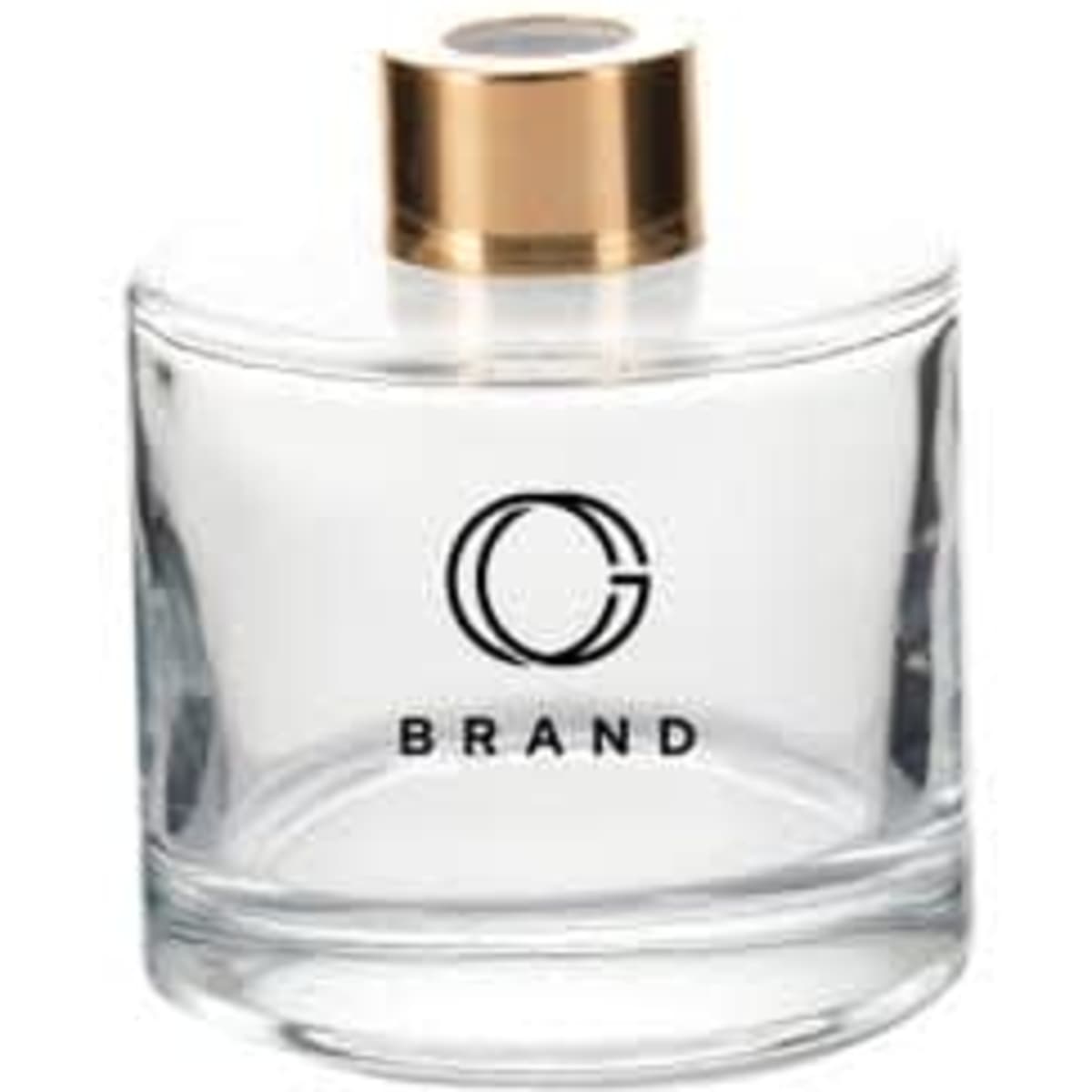 A round glass diffuser bottle in clear with a gold cap, featuring a logo on the front.