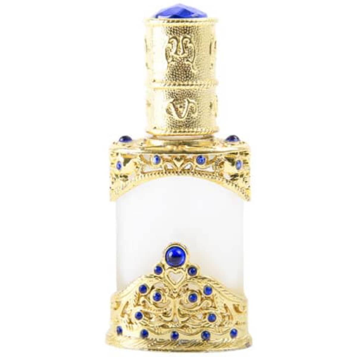 A decorative 12ml perfume oil dropper bottle with a gold and blue design. Suitable for home decor or personal use.