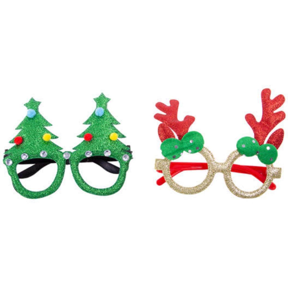 A pair of novelty glasses frames featuring green Christmas trees with decorations and red antlers, adorned with glitter.