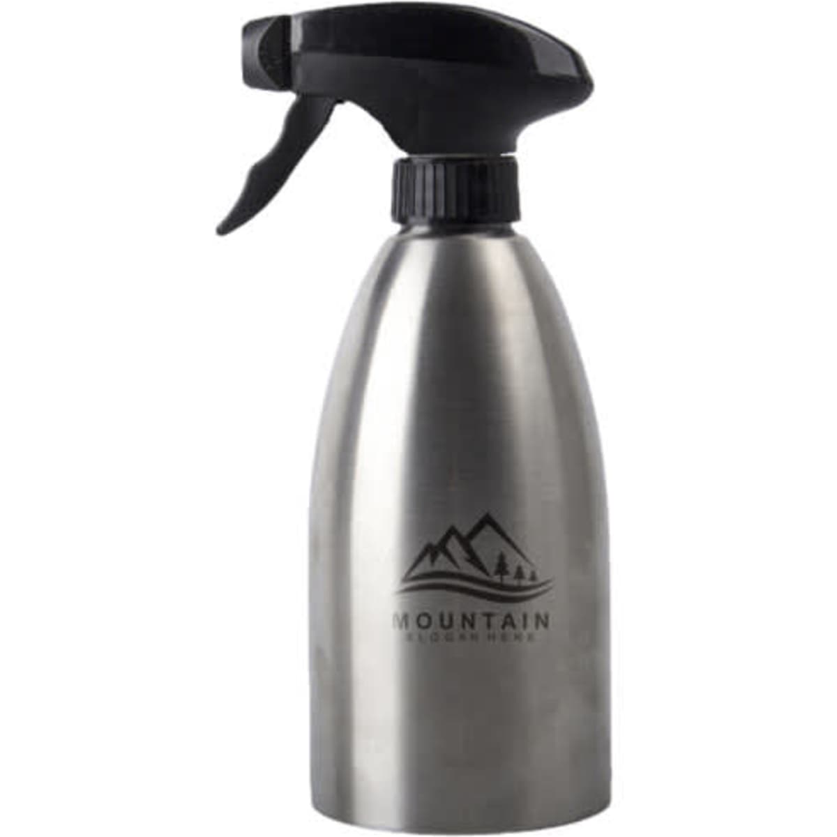 A 17 oz. stainless steel oil sprayer bottle with a black spray nozzle and a logo.