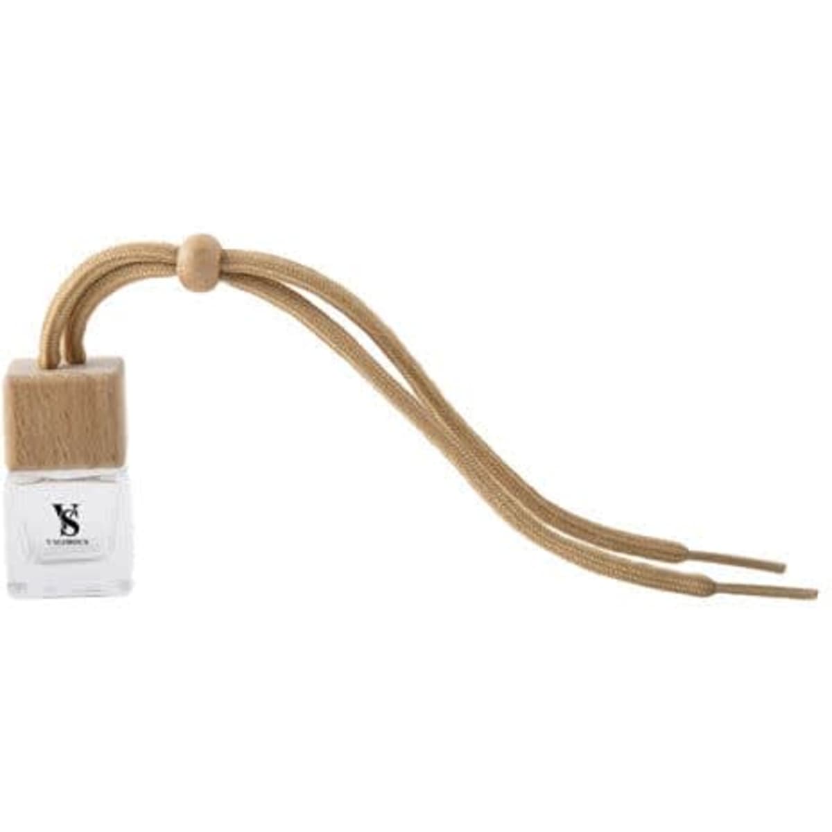 A clear glass perfume pendant with a wooden cap and beige strings, designed for car use.