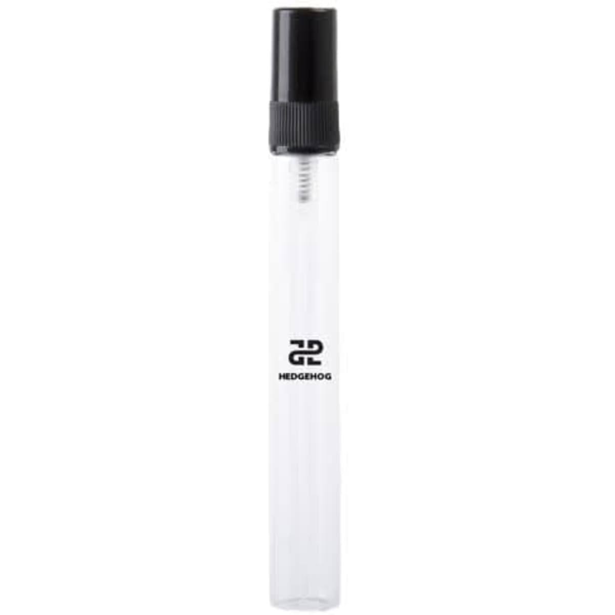 A clear 10ml perfume spray bottle with a black nozzle and a logo.