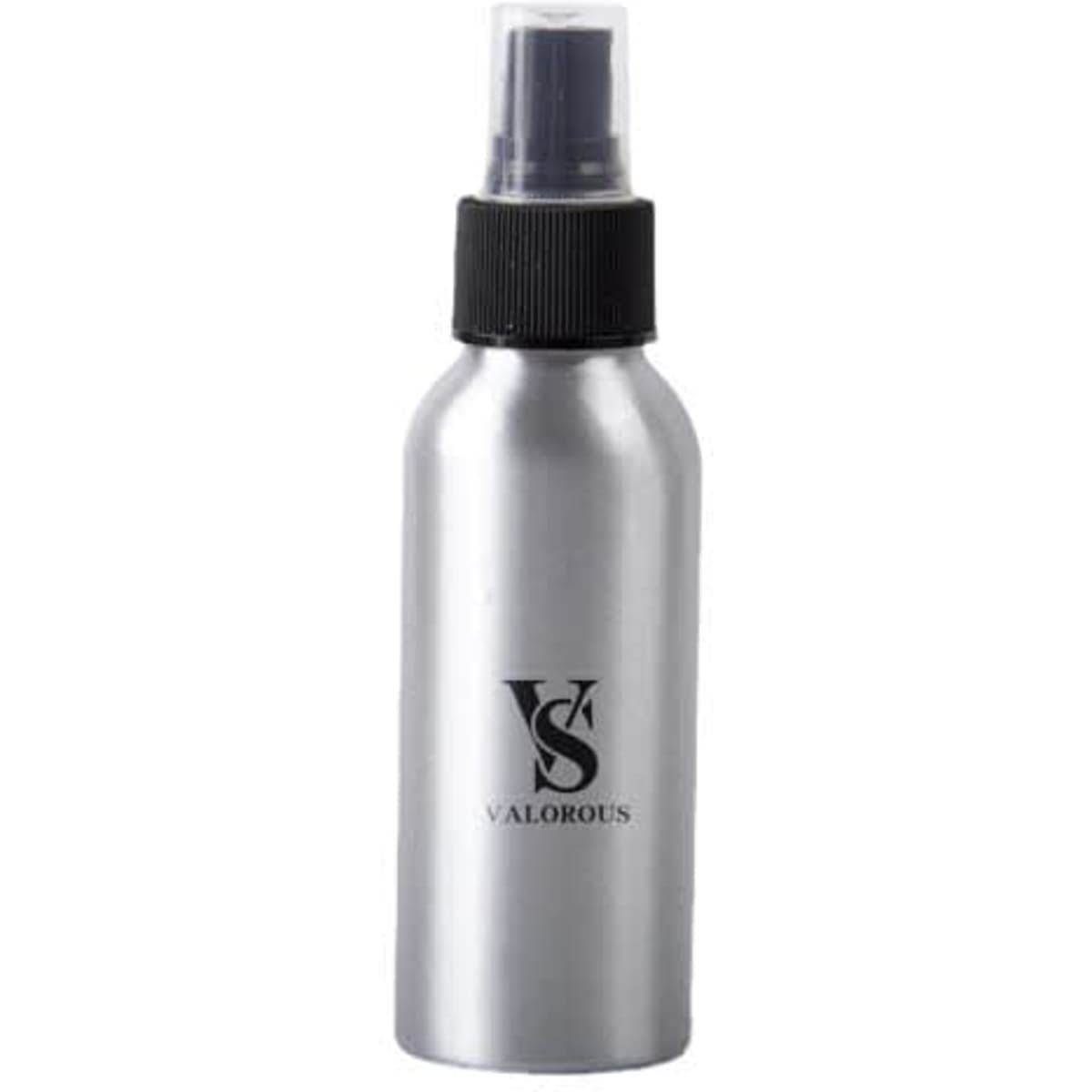 A silver aluminium perfume spray bottle with a black cap and a logo. Suitable for personal fragrance use.
