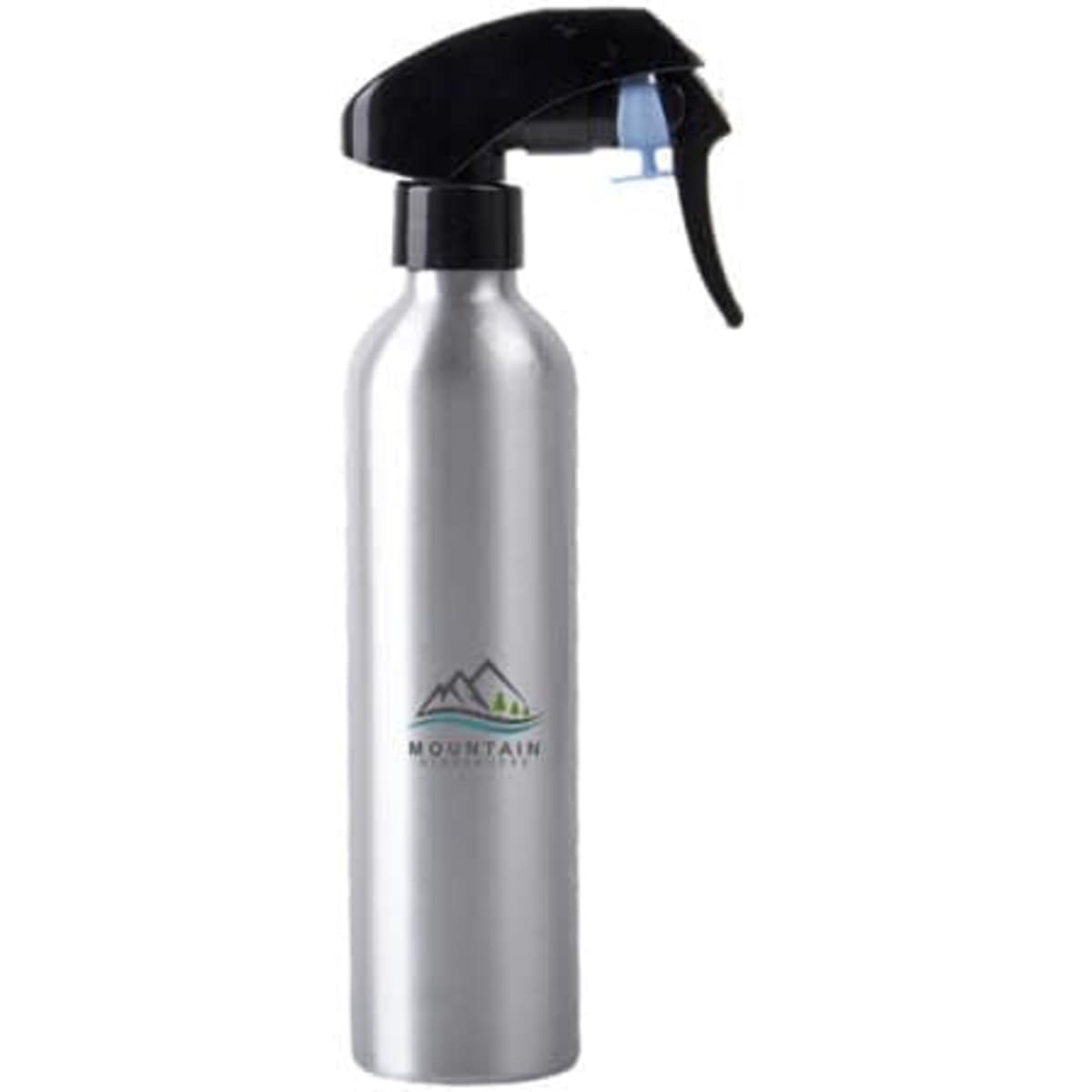 A silver aluminium spray bottle with a black trigger and a logo on the front.