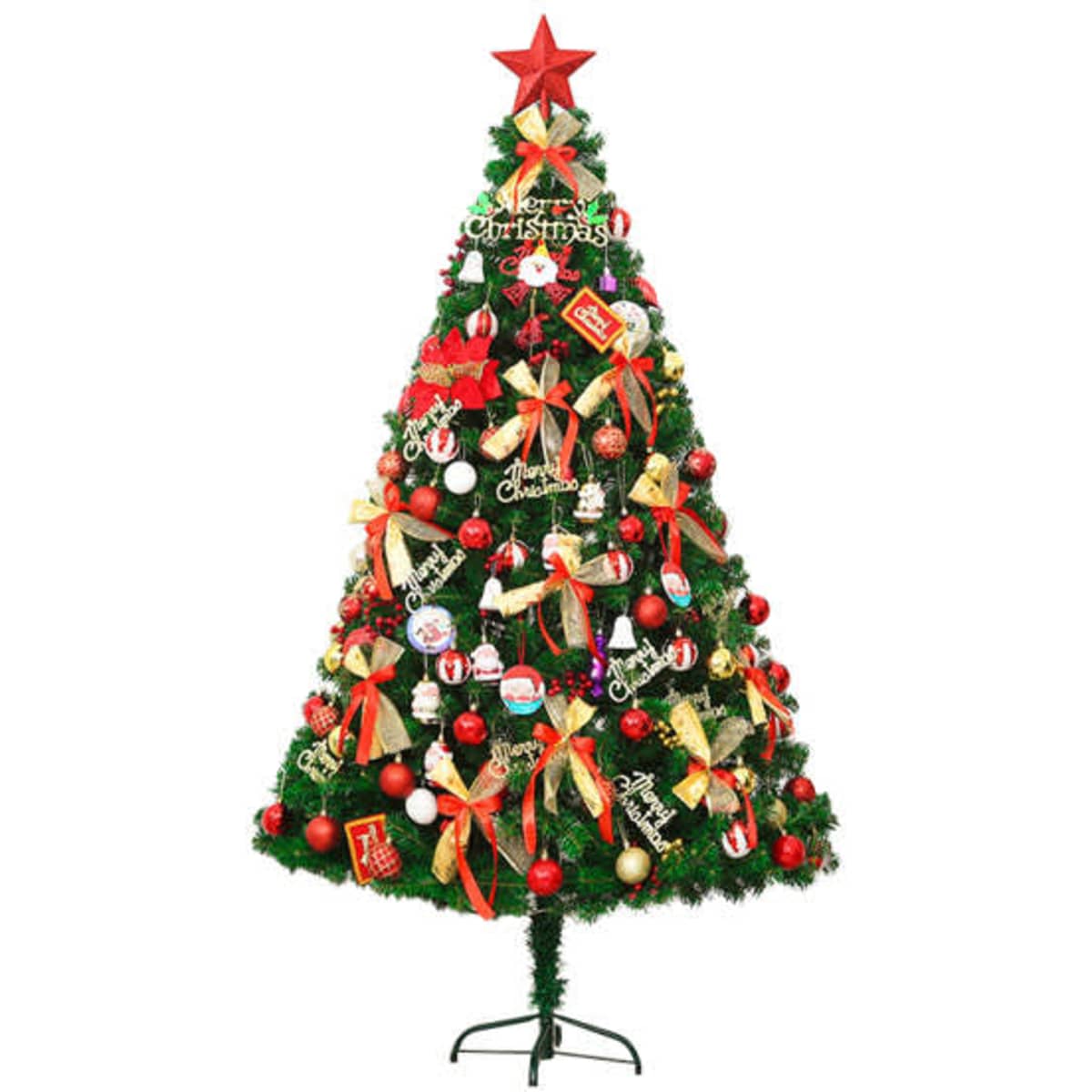 A decorated Christmas tree featuring red ornaments, golden ribbons, and a star topper, set on a metal stand.