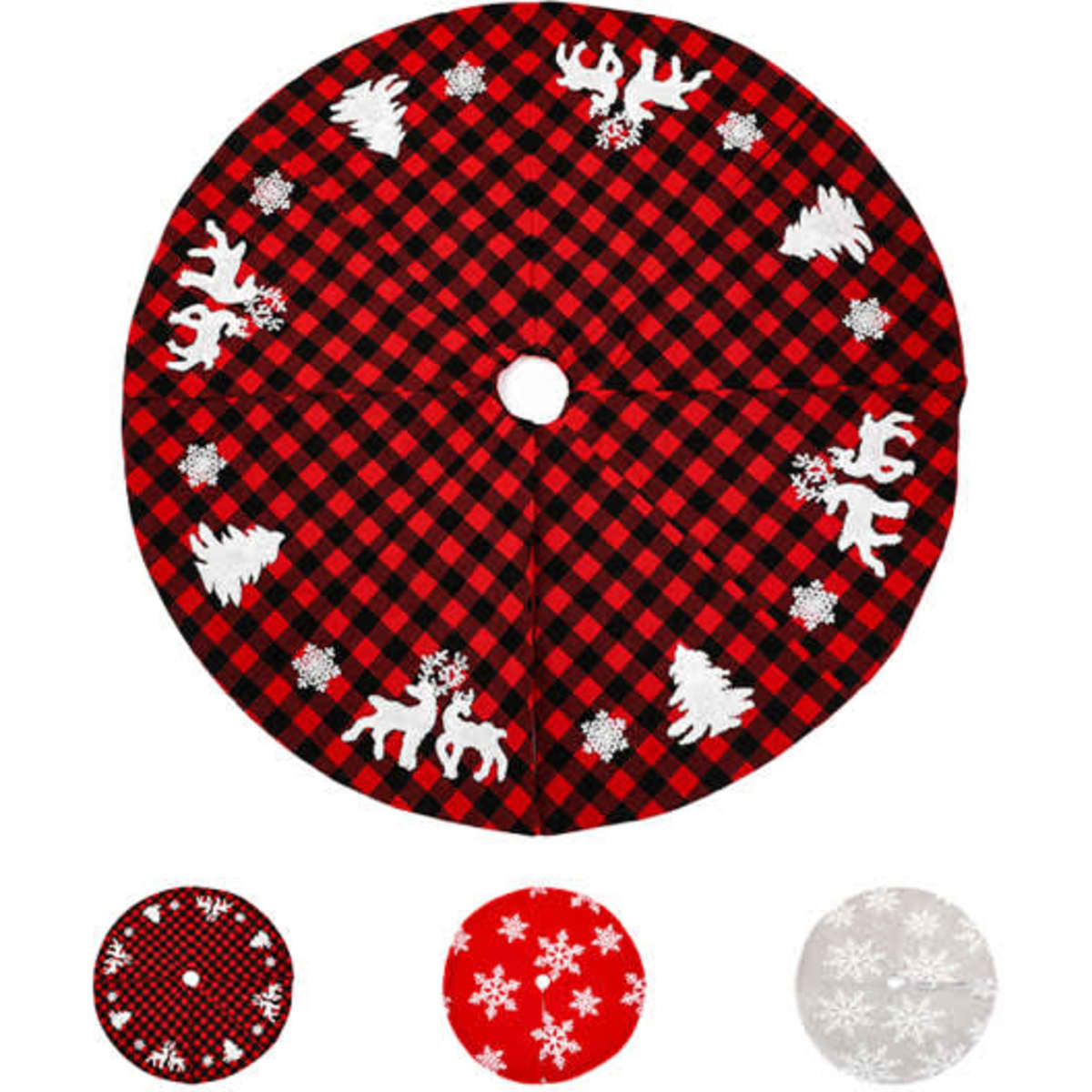 A round Christmas tree skirt featuring a red and black checkered pattern with white snowflakes and festive silhouettes.