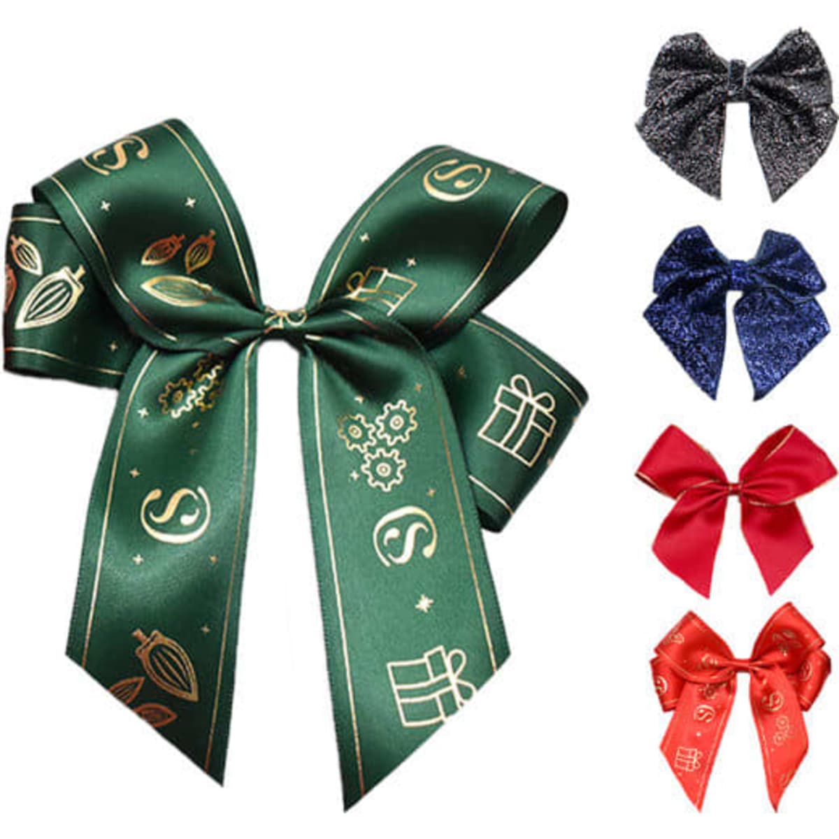 A green satin bow ribbon with gold patterns, surrounded by three smaller bows in black, red, and glittery blue.