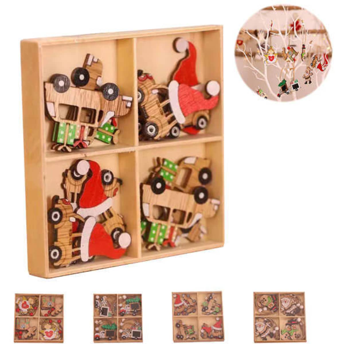 A wooden ornament set featuring festive designs, including Santa hats and Christmas trees, presented in a square display box.