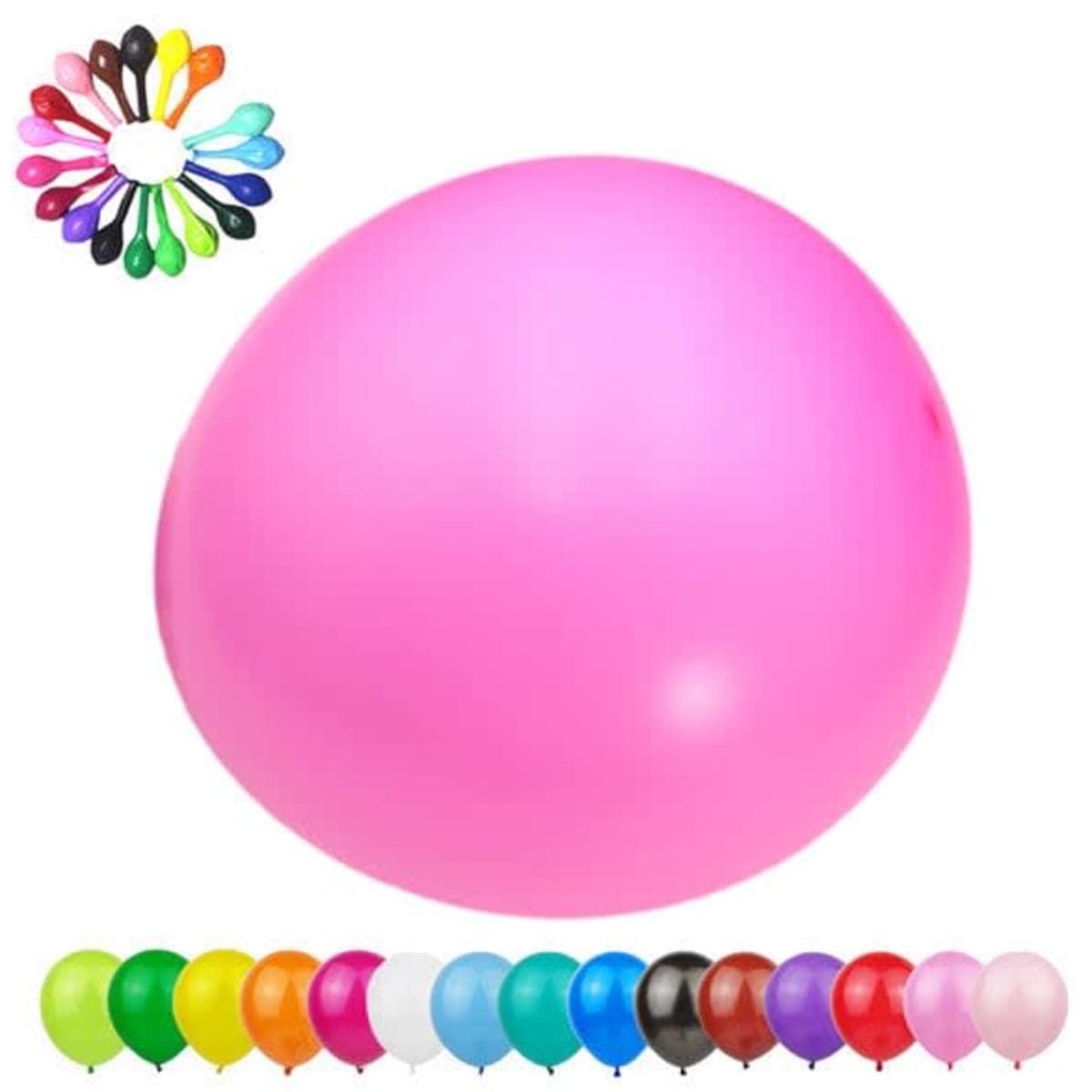 A pink latex balloon surrounded by a variety of other coloured latex balloons. The image features a logo.