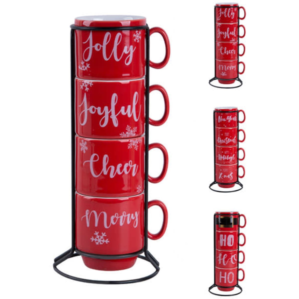 A set of four red ceramic stacking mugs displayed in a black rack, featuring festive words and designs.