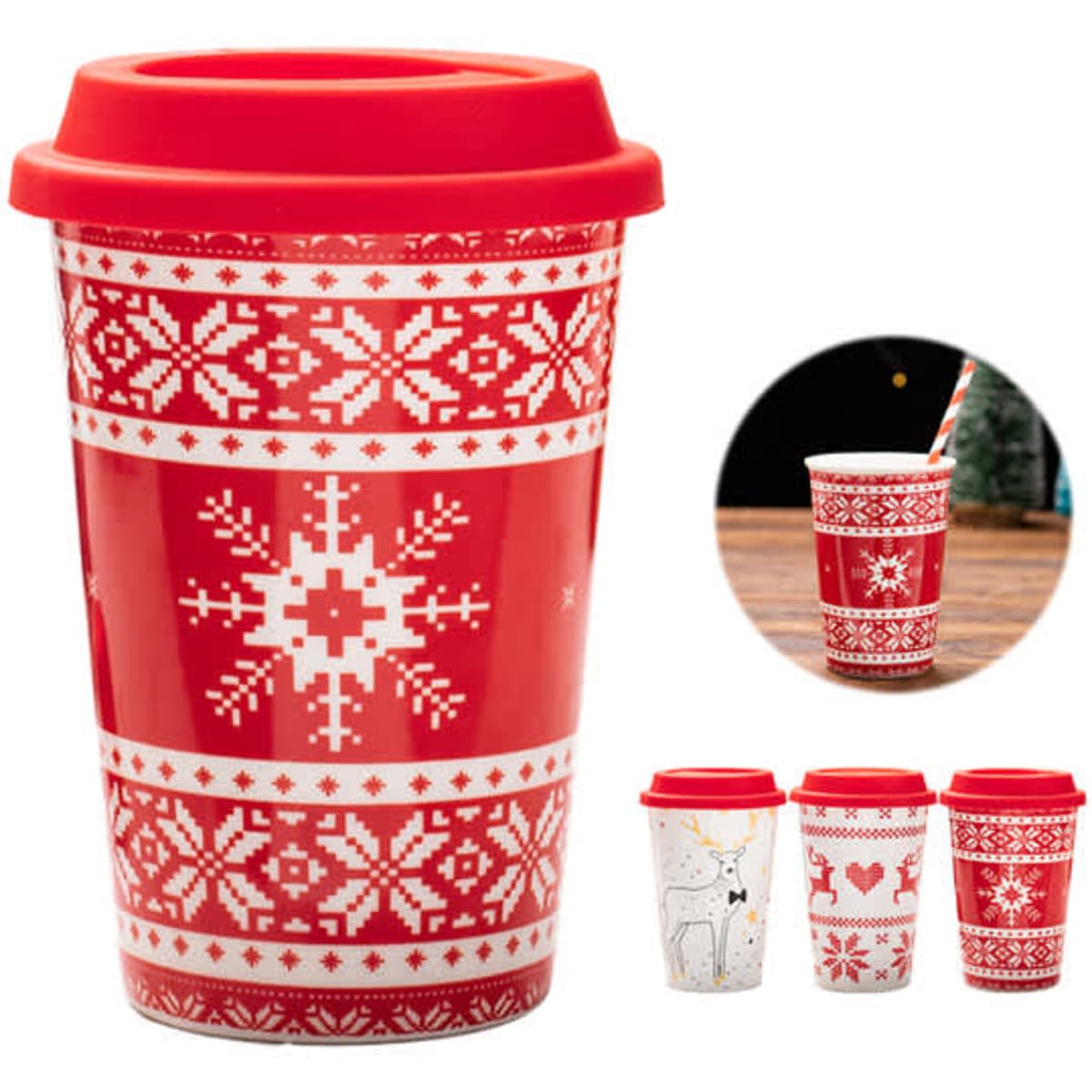 A red ceramic cup with a festive pattern and a red silicone lid, featuring a branding logo.
