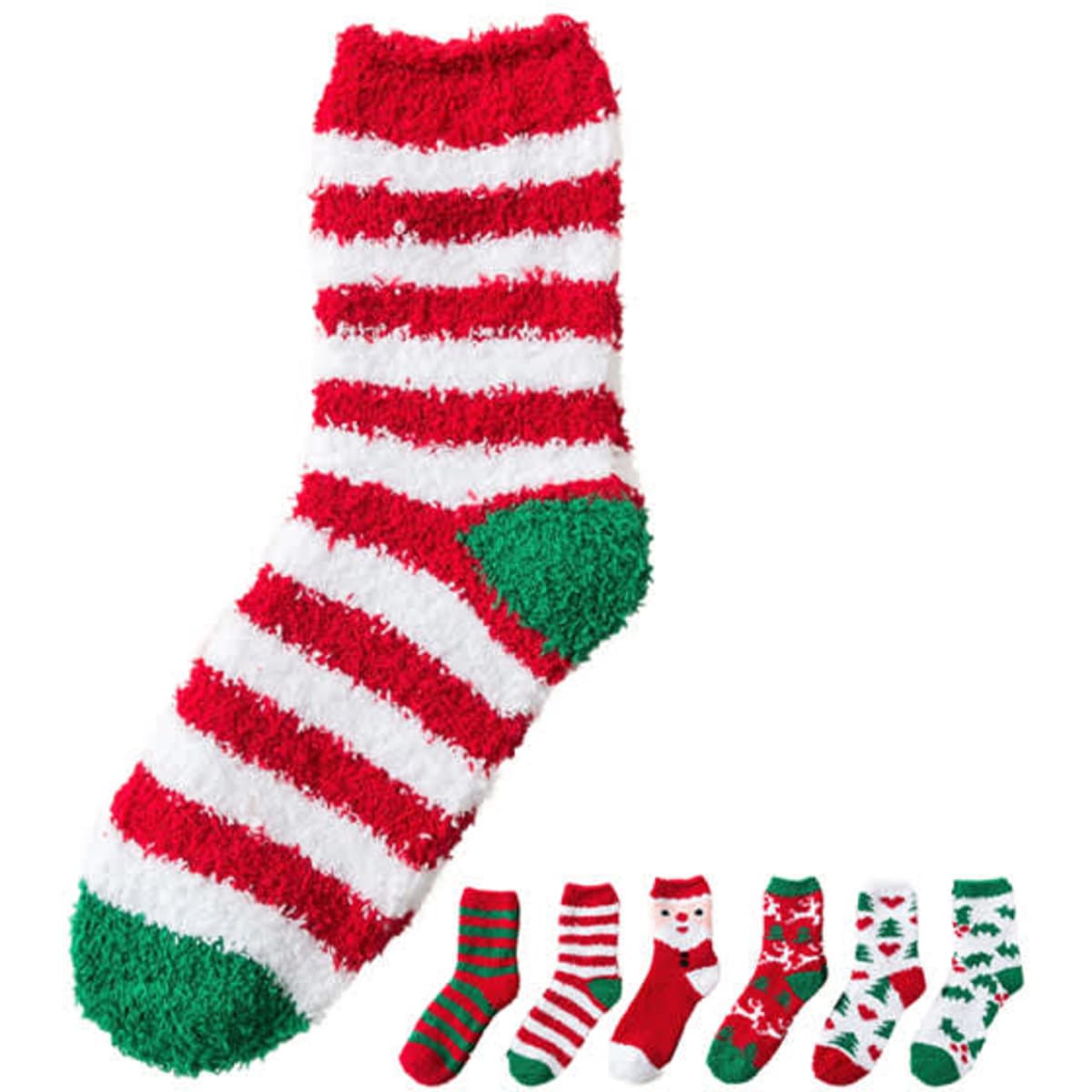 A pair of red and white striped fuzzy socks with a green toe, surrounded by various festive patterned socks.