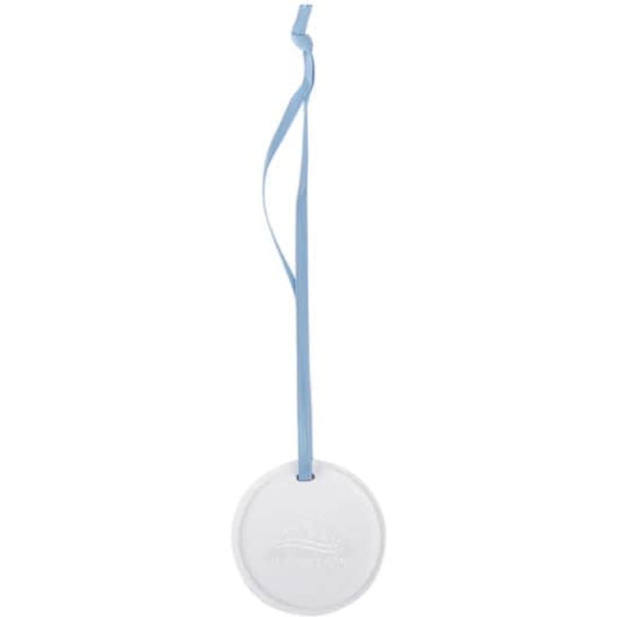 A round ceramic aroma diffuser stone in white, hanging from a light blue ribbon.