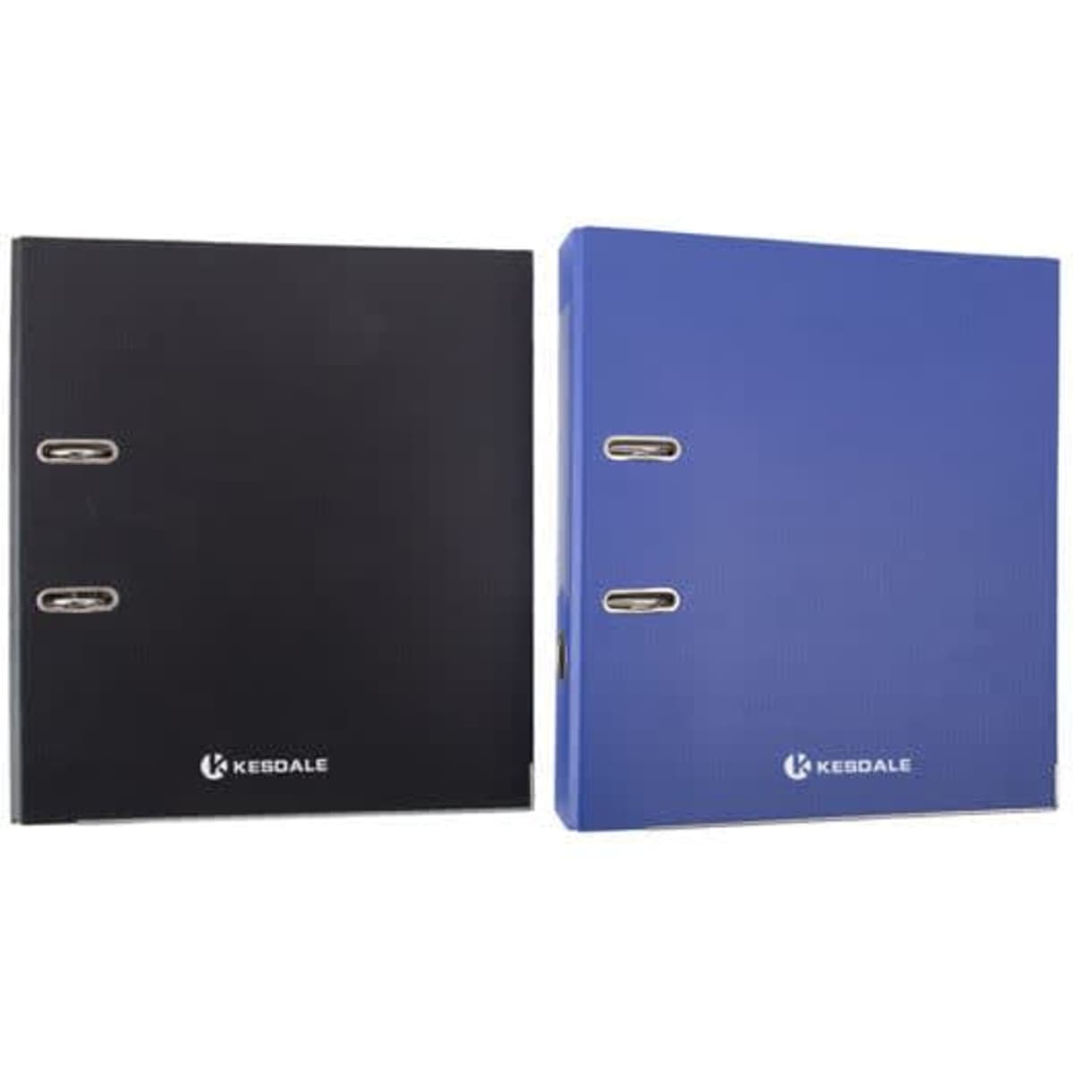 A 2 ring A4 sized binder featuring a black and a blue cover, both with a logo visible on the front.