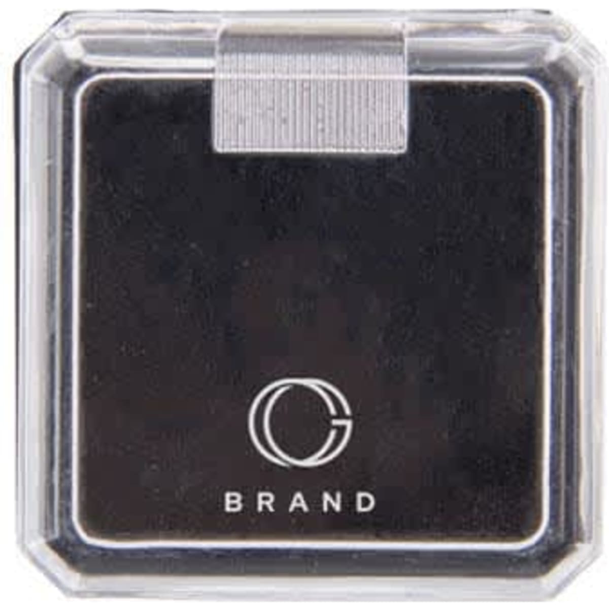 A clear plastic pin gift box with a rounded square design, featuring a logo on the front.