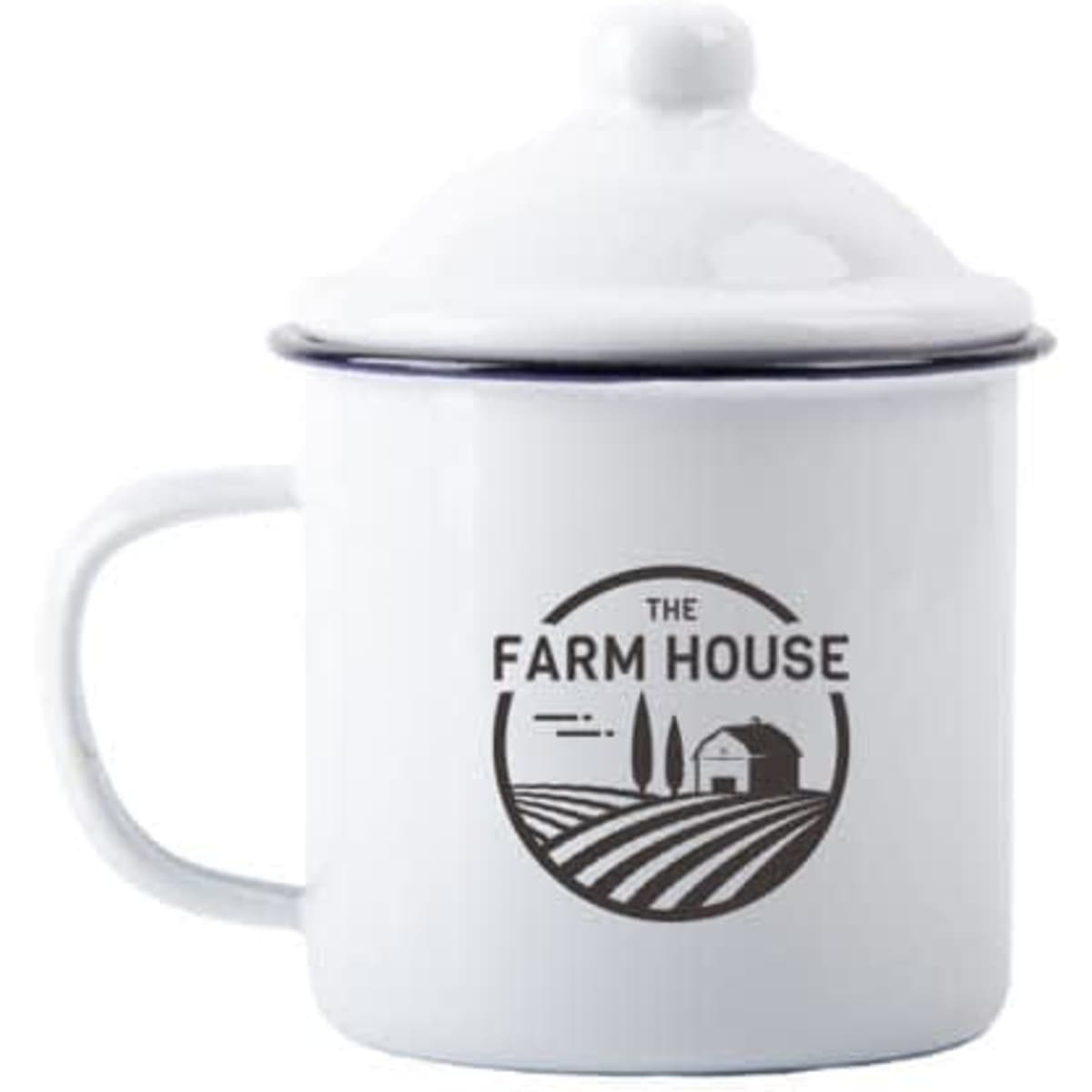 A white enamel mug with a lid, featuring a logo on the front and a sturdy handle.
