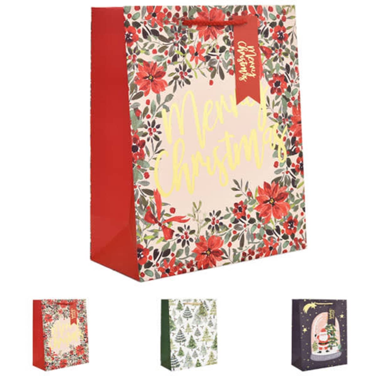A festive gift bag featuring red and floral patterns, with a logo and a cheerful holiday design.