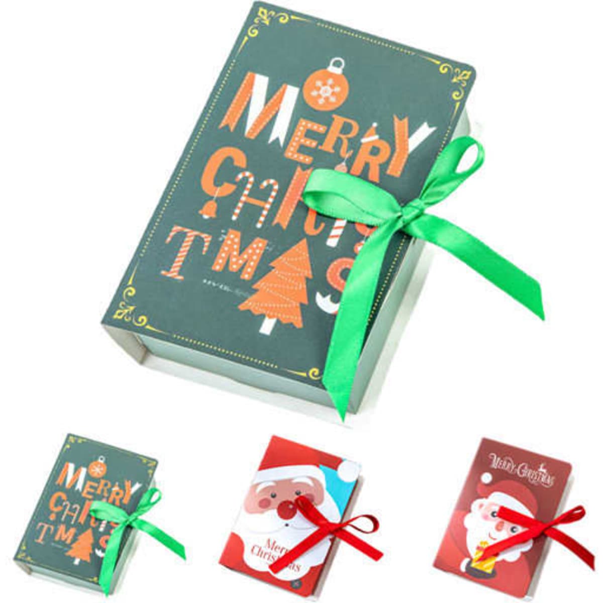 A decorative gift box in green with a ribbon, featuring a festive design for Christmas.