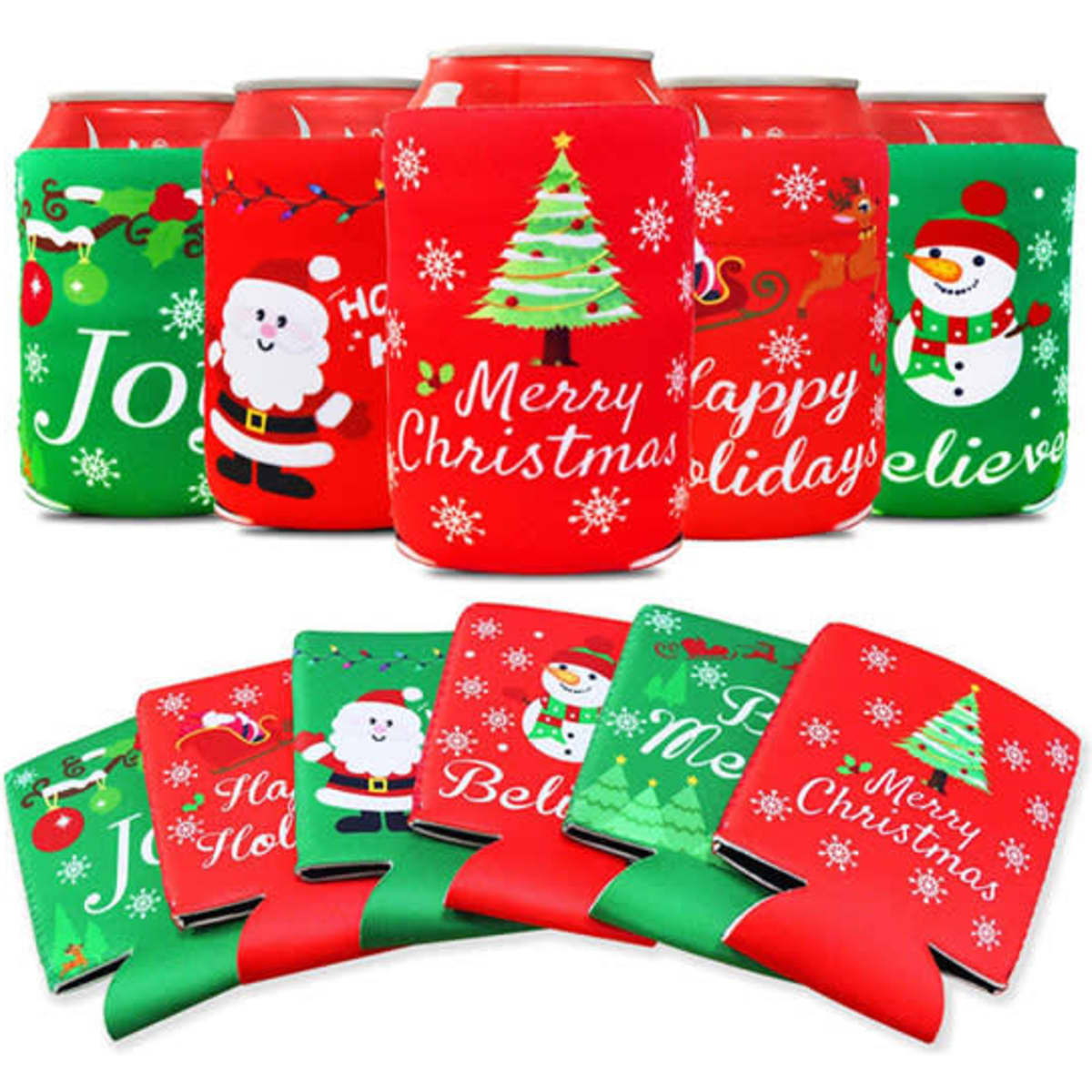 A drink bottle cooler set featuring festive designs in red and green, including Christmas themes and a logo.