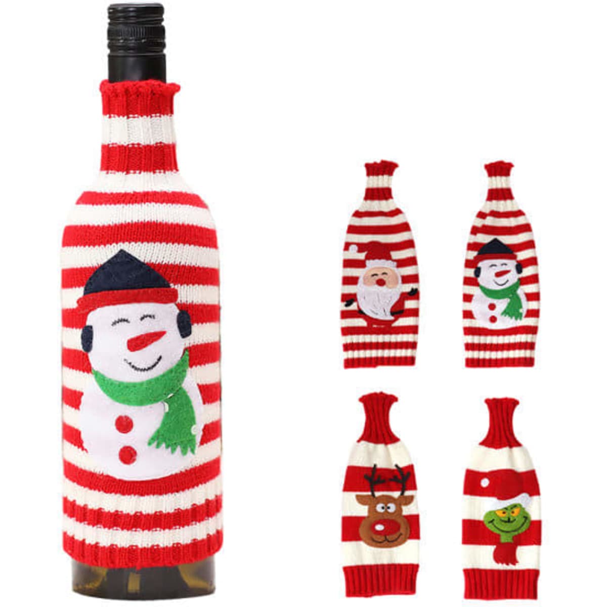 A drink bottle with a red and white knitted cover featuring a snowman, Santa, a reindeer, and a festive character.