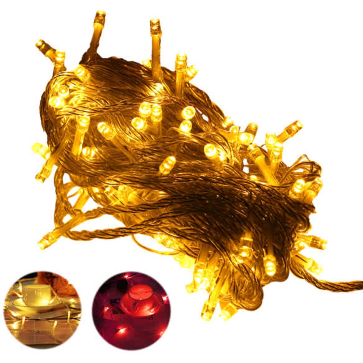 A tangled set of warm white LED string lights with a brown wire, featuring small, glowing bulbs.