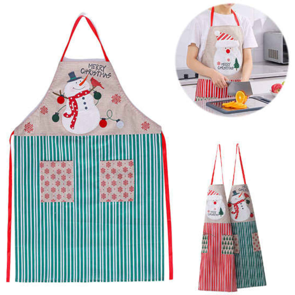 A personalised linen apron featuring a snowman design, red and green stripes, and two front pockets.