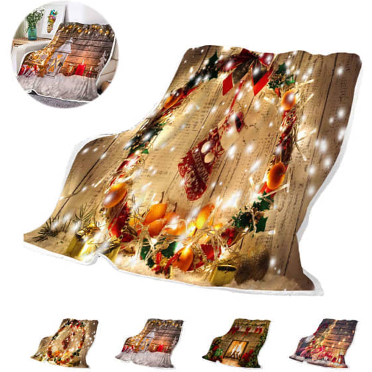 A festive digital print polyester fleece blanket featuring a decorative wreath design with lights and seasonal ornaments.