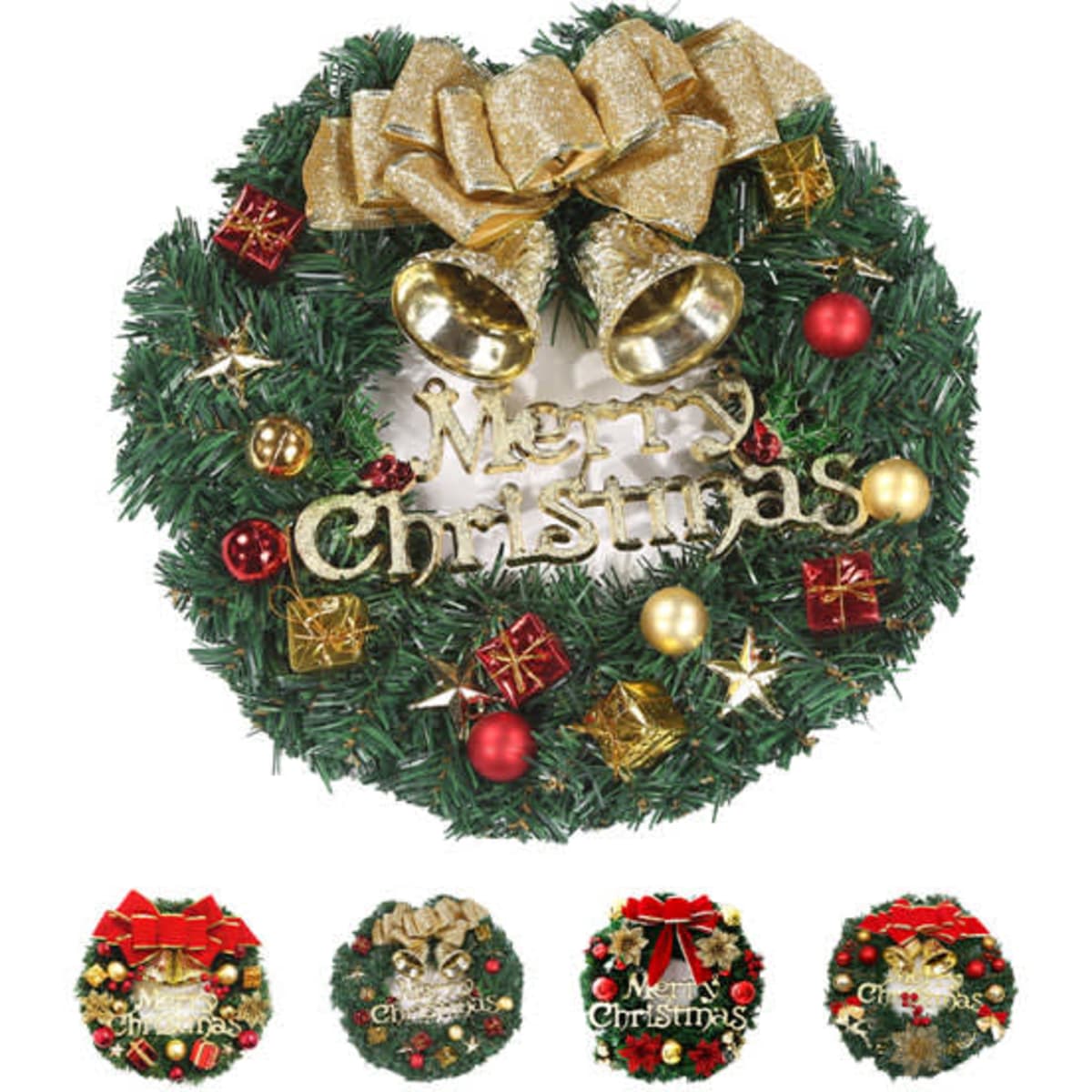 A festive Christmas wreath featuring green foliage, gold accents, bells, gifts, and a "Merry Christmas" sign.
