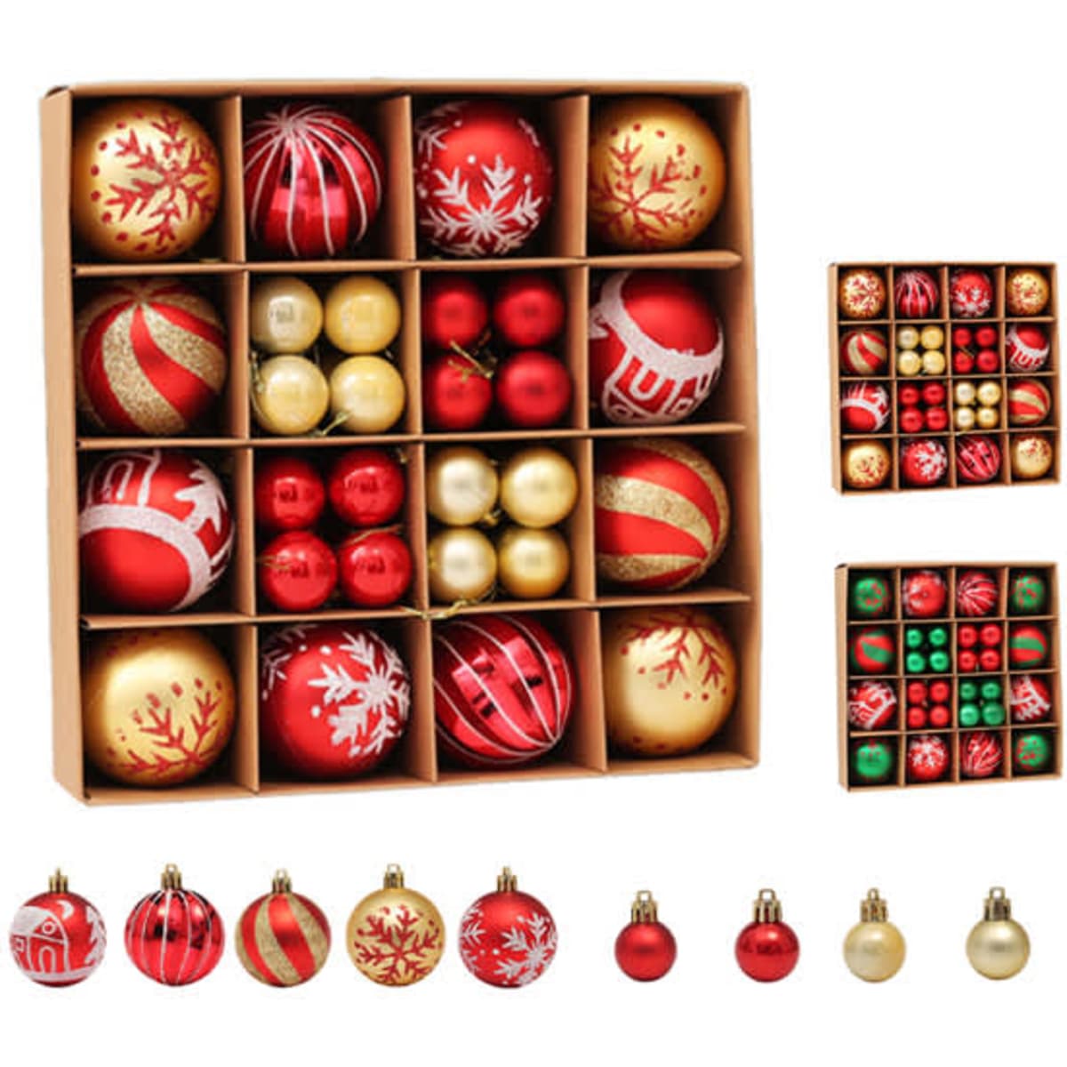 A set of Christmas ball ornaments in red, gold, and green, arranged in a divided box display with various designs.