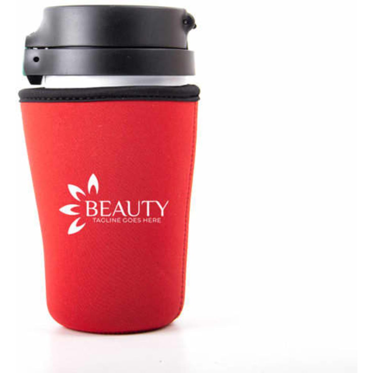 A red neoprene coffee cup sleeve with a black top, designed for standard drinkware, featuring a logo.