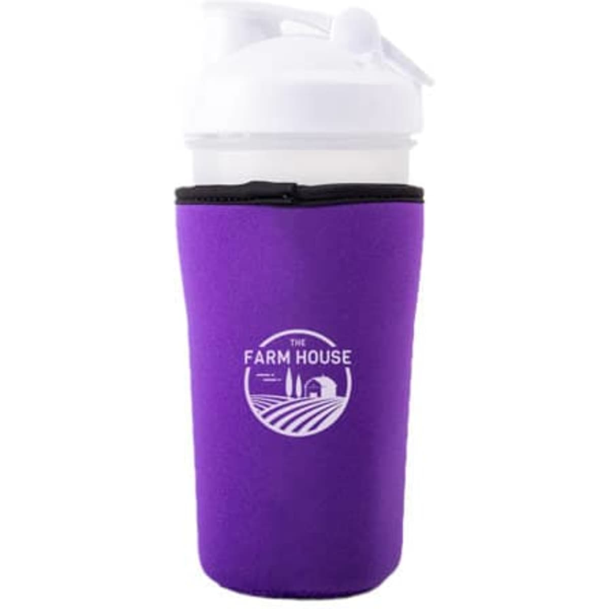 A purple neoprene coffee cup sleeve featuring a logo, designed for a 32 oz. reusable drink container.
