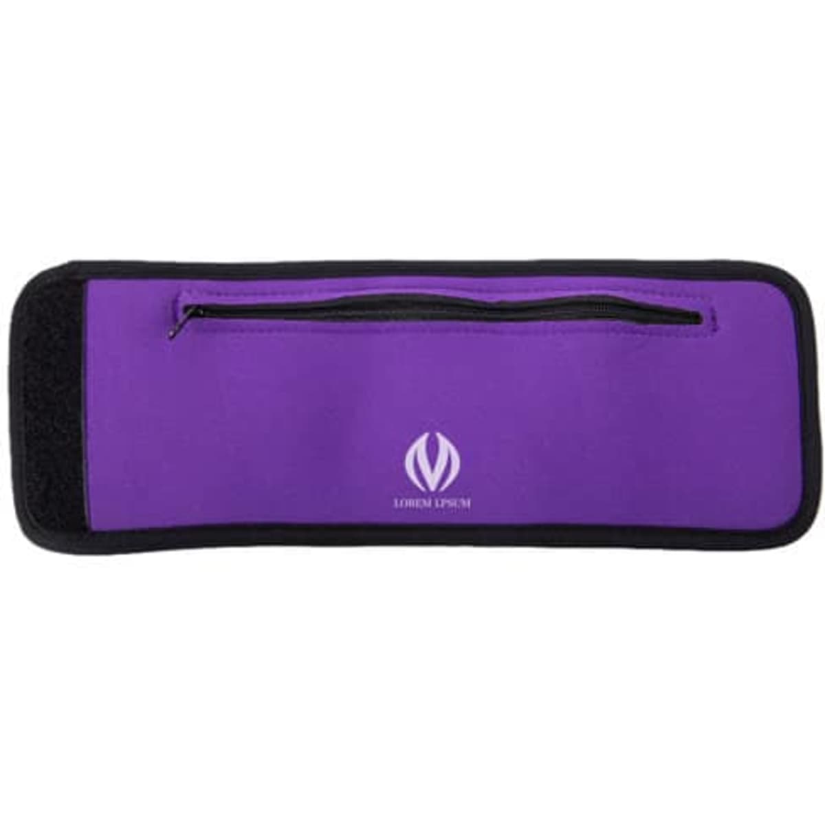 A purple neoprene wrist pouch with a zippered compartment and a logo on the front.