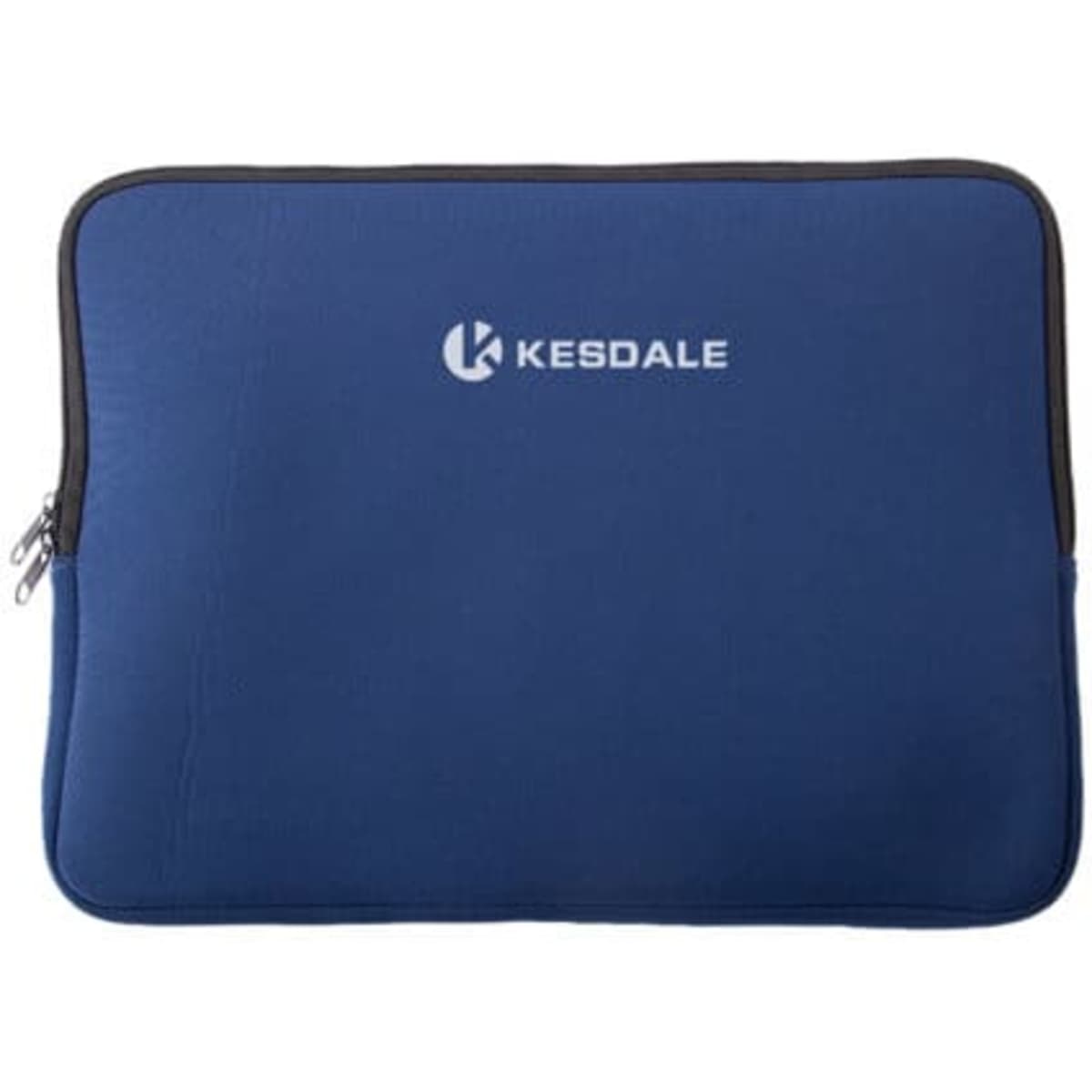A custom neoprene laptop sleeve in navy blue with a logo on the front and a zip closure.
