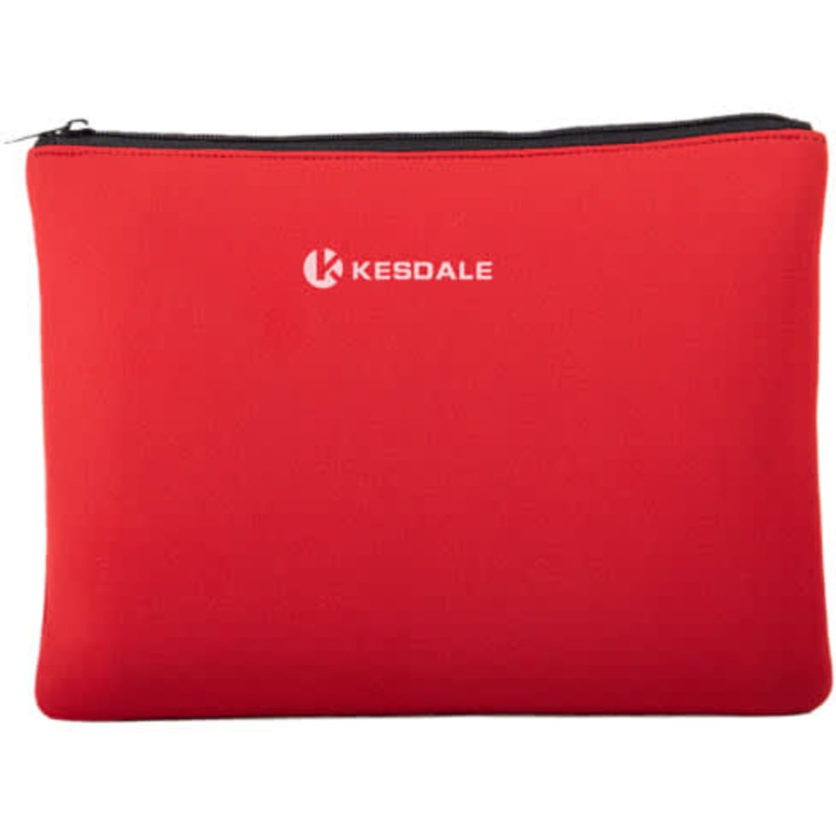 A red neoprene tablet case with a zip closure and a logo on the front.