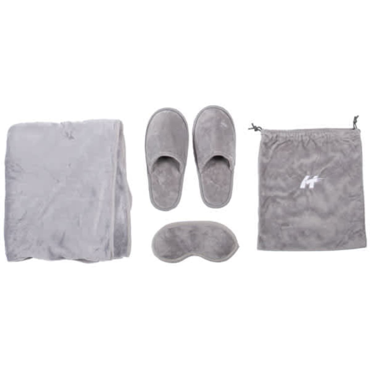 A grey travel sleeping kit featuring a blanket, slippers, sleep mask, and a drawstring bag.