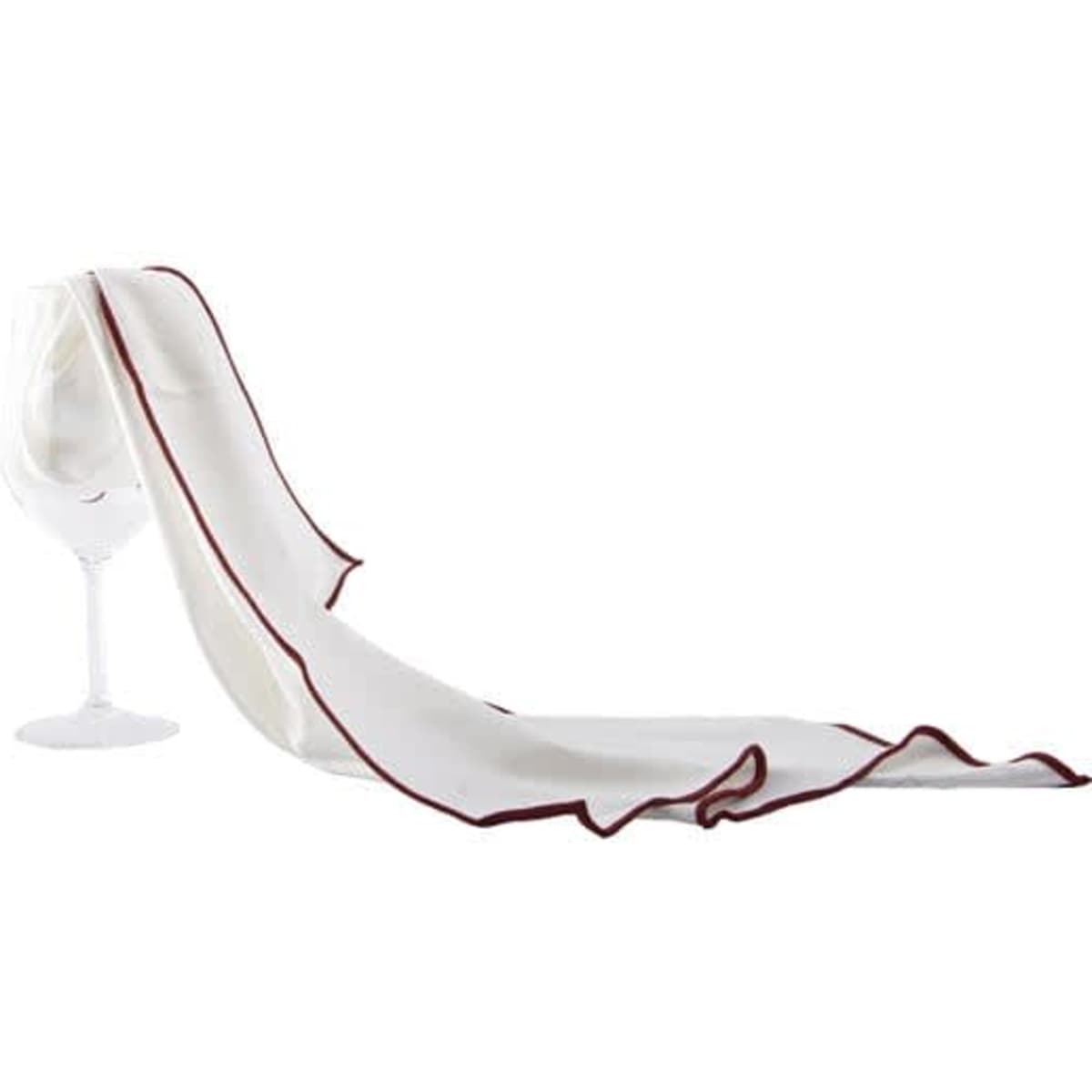 A white microfiber cloth with a burgundy trim draped over a wine glass. It features a subtle sheen and is soft to the touch.