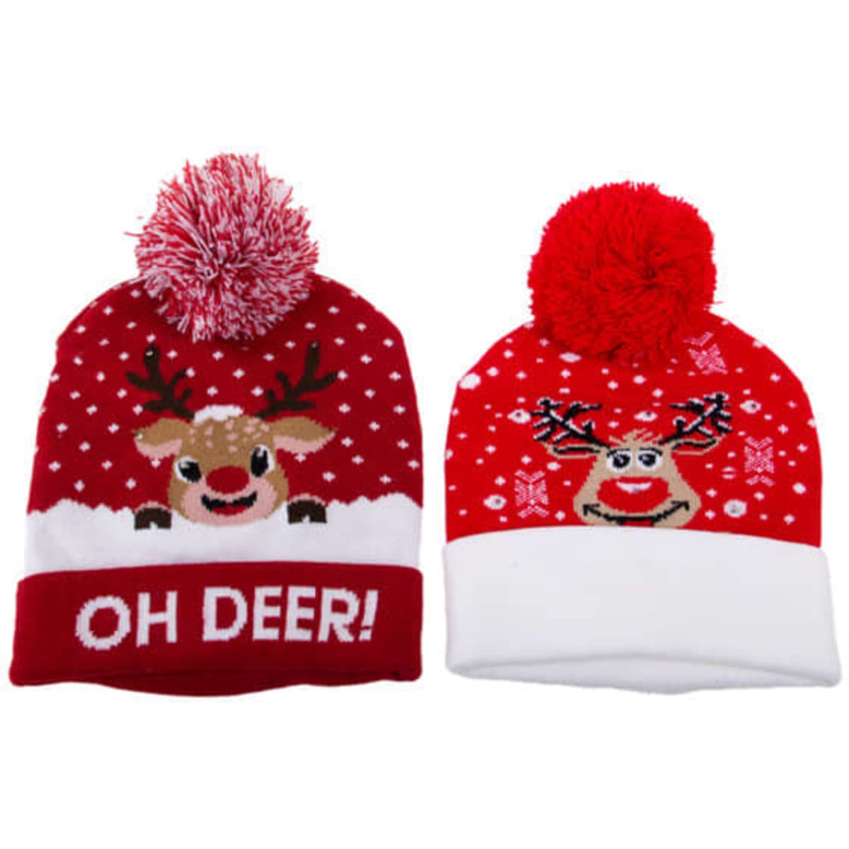 A red beanie with a reindeer design and a white pom, featuring a festive "Oh Deer!" text.