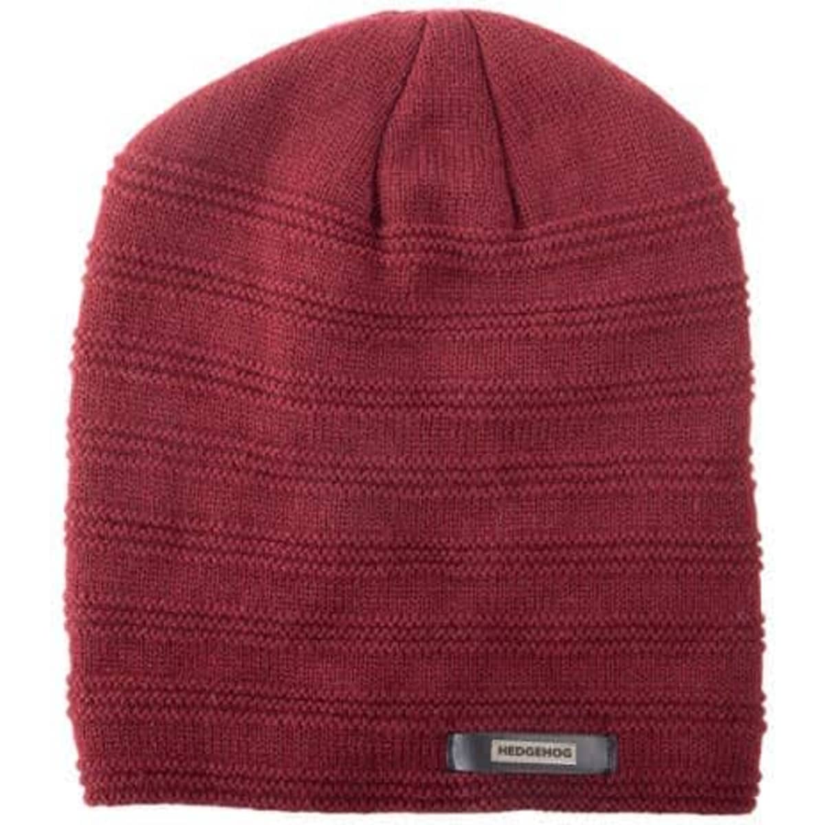 A burgundy beanie featuring a textured knit design and a small logo tag. Ideal for winter headwear.