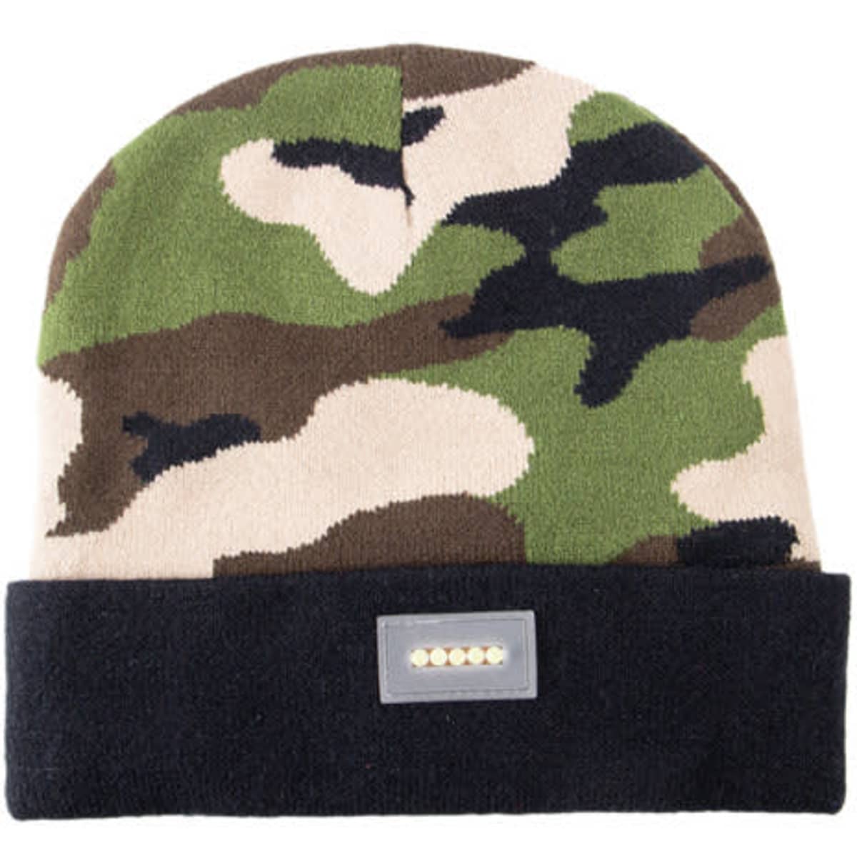 A camouflage beanie in green, brown, and beige with a black band and an integrated LED light. Features a logo.