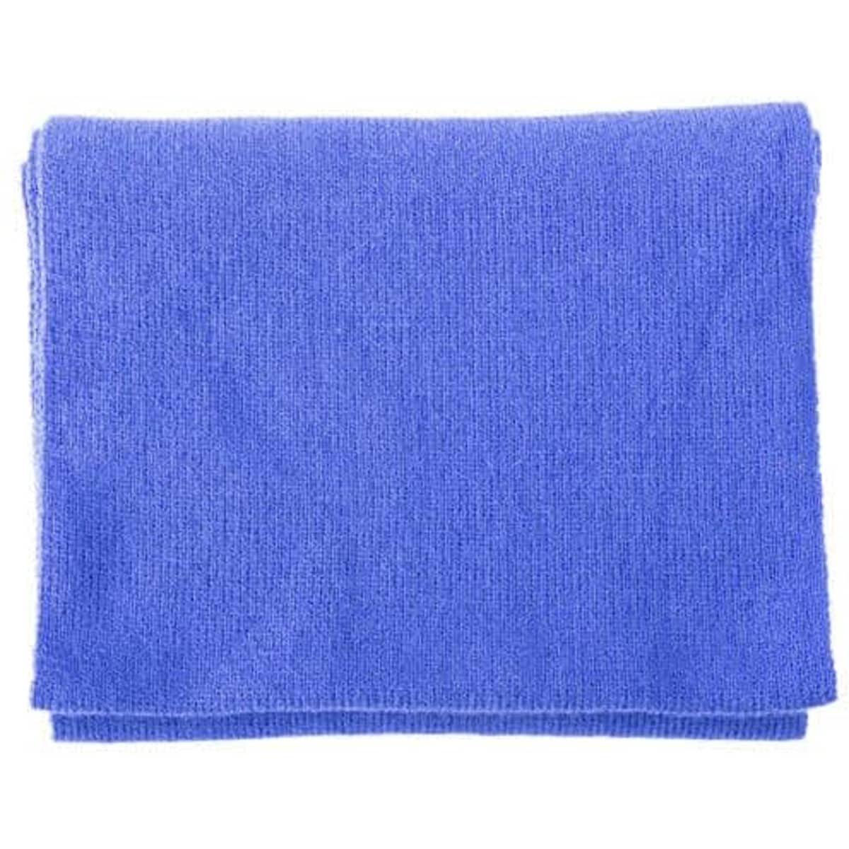 A blue embroidered knitted scarf folded neatly, featuring a logo on one corner.