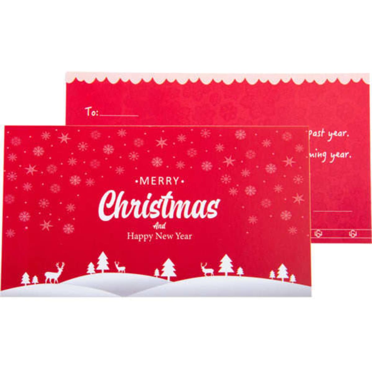 A red custom paper greeting card featuring festive designs with snowflakes, trees, and reindeer. It has a logo on the back.