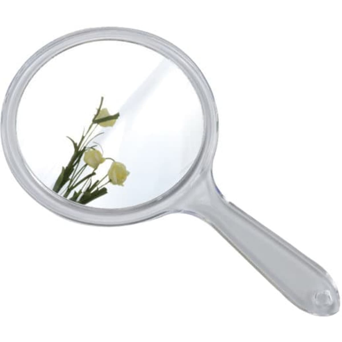 A double-sided handheld mirror with a clear frame, reflecting flowers in a simplistic design.