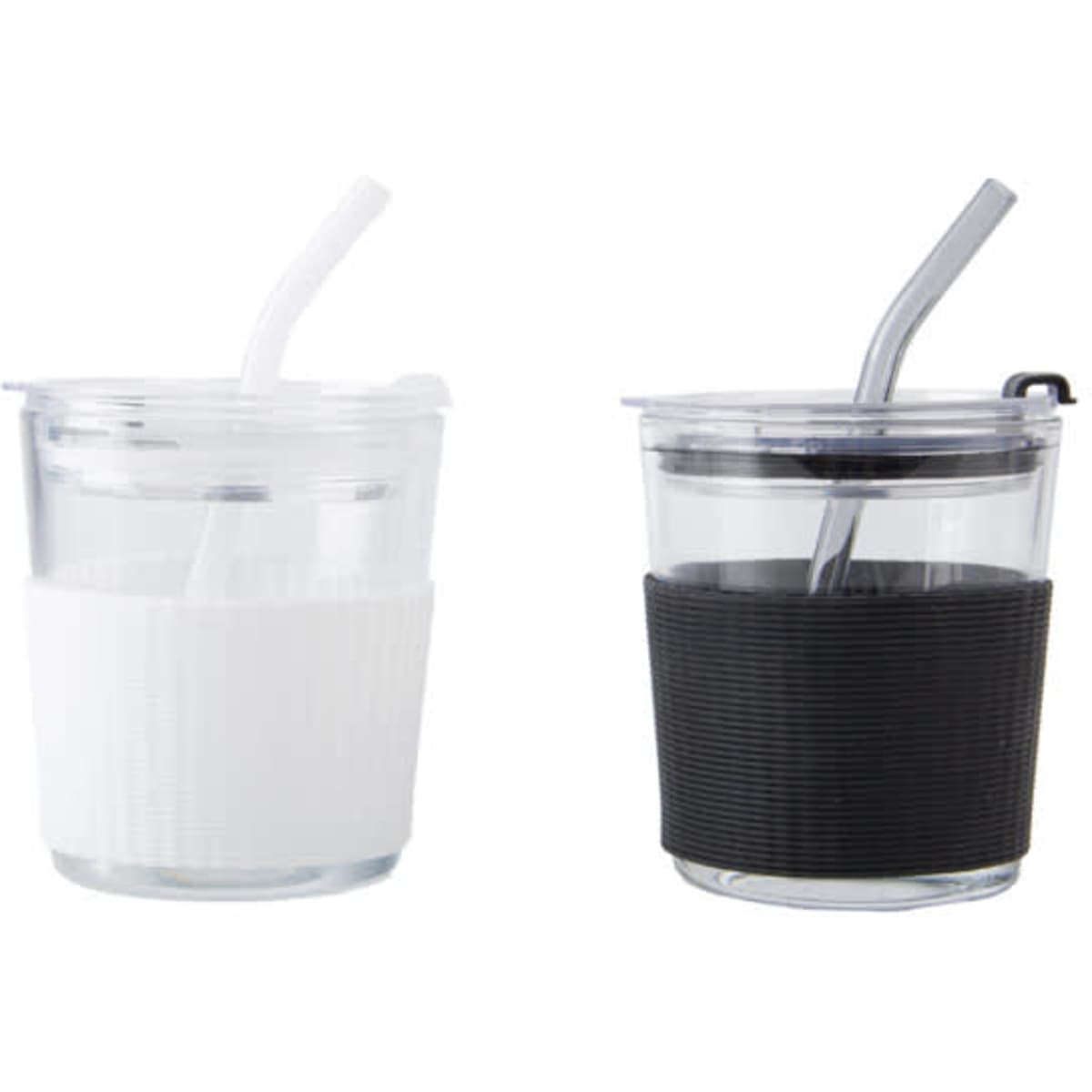 A drink bottle set featuring a white and a black glass coffee cup, each with a lid and straw, and ribbed silicone sleeves.
