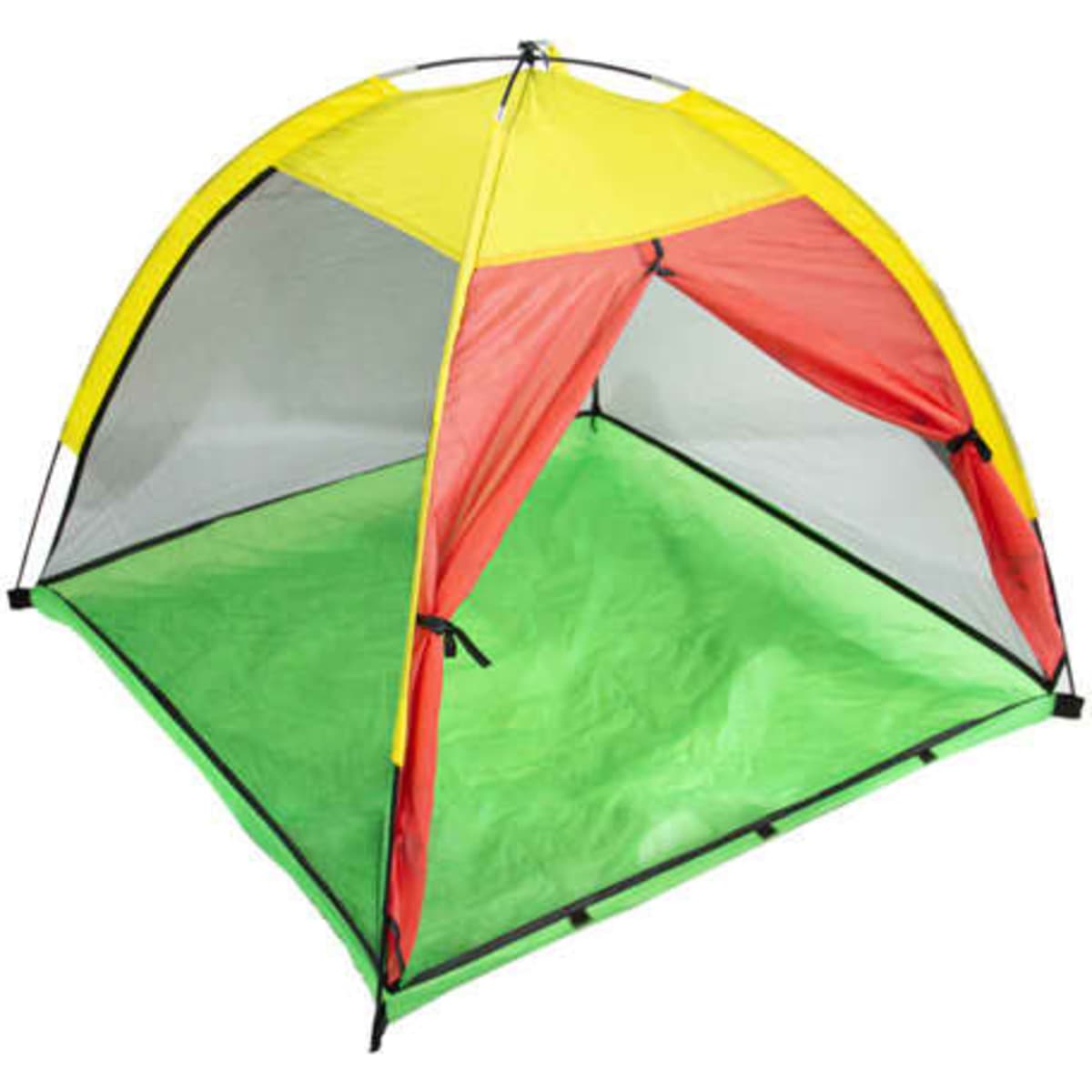 A pop-up camping tent featuring a yellow top, red sides, and a green floor, with mesh panels for ventilation.