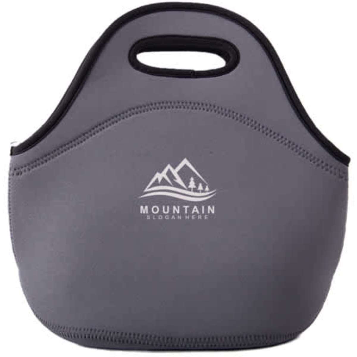 A soft, grey neoprene lunch tote bag with a handle and a logo featuring mountain graphics.