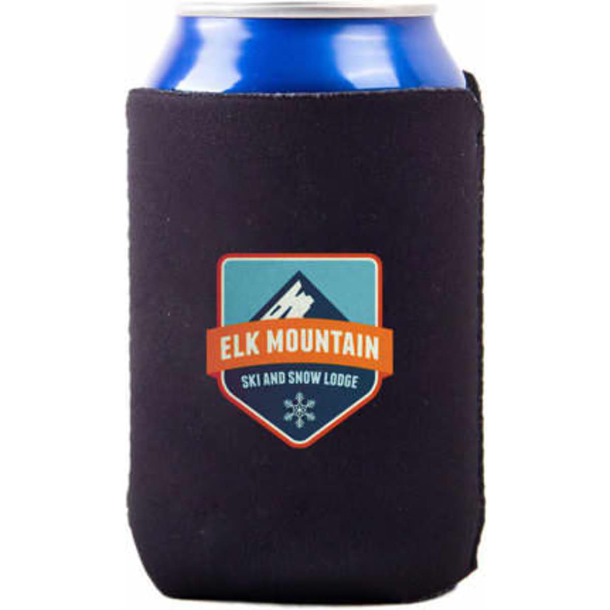A navy neoprene can cooler featuring a logo on the front, designed for 11 oz. cans.